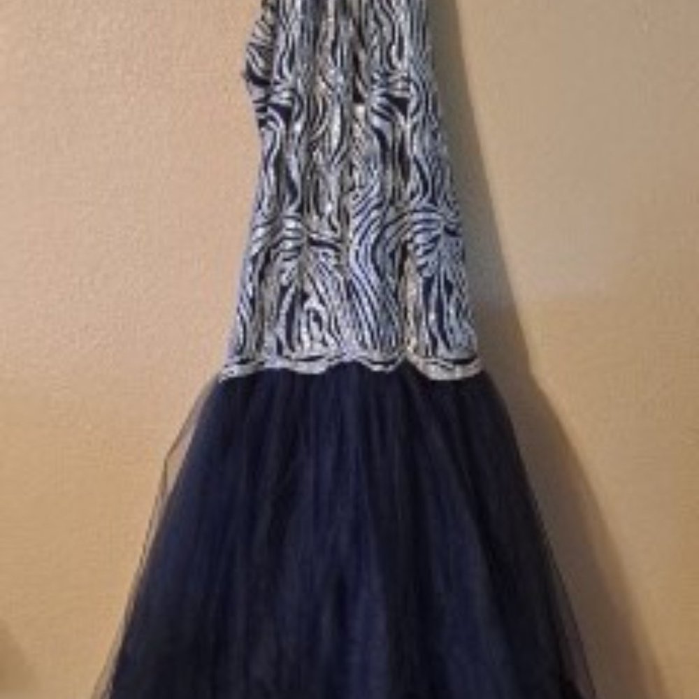 Prom Dress, Navy & Silver Sparkle, Tieup Back, Sz 9.5 Rhinestone Heels and Purse